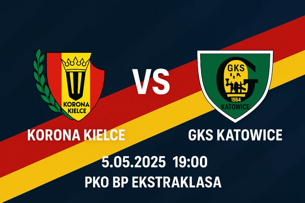 Infografika promująca mecz Ekstraklasy Korona Kielce – GKS Katowice, który odbędzie się 5 maja 2025 o godzinie 19:00. Na grafice widoczne są herby klubów, data spotkania oraz logo rozgrywek PKO BP Ekstraklasa, wszystko w nowoczesnym, przykuwającym wzrok stylu.