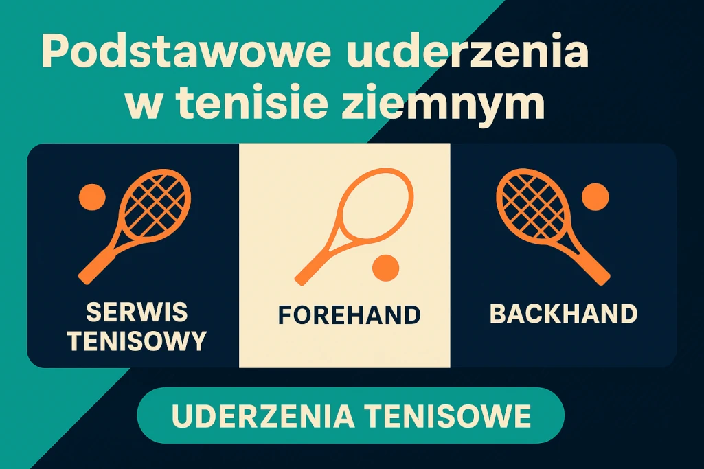 Infografika przedstawiająca podstawowe uderzenia tenisowe: serwis tenisowy, forehand i backhand. Nowoczesny styl graficzny z ikonami rakiety i piłki, idealna dla początkujących tenisistów i fanów techniki gry w tenisa ziemnego.