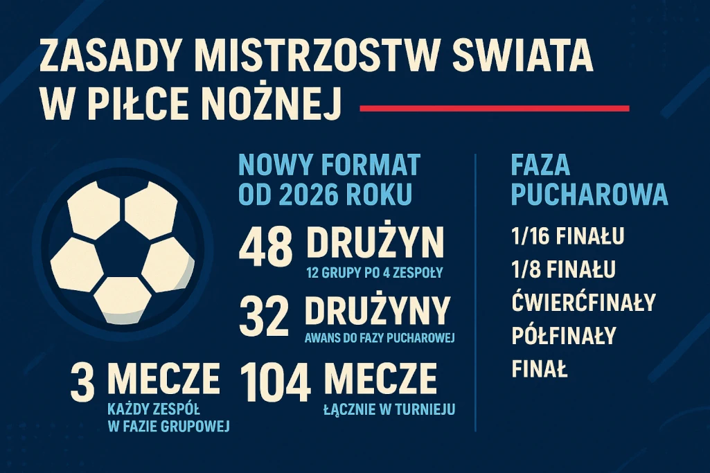 Infografika przedstawiająca zasady Mistrzostw Świata w piłce nożnej 2026 – nowy format turnieju, liczba drużyn, faza grupowa, etapy pucharowe i łączna liczba meczów.