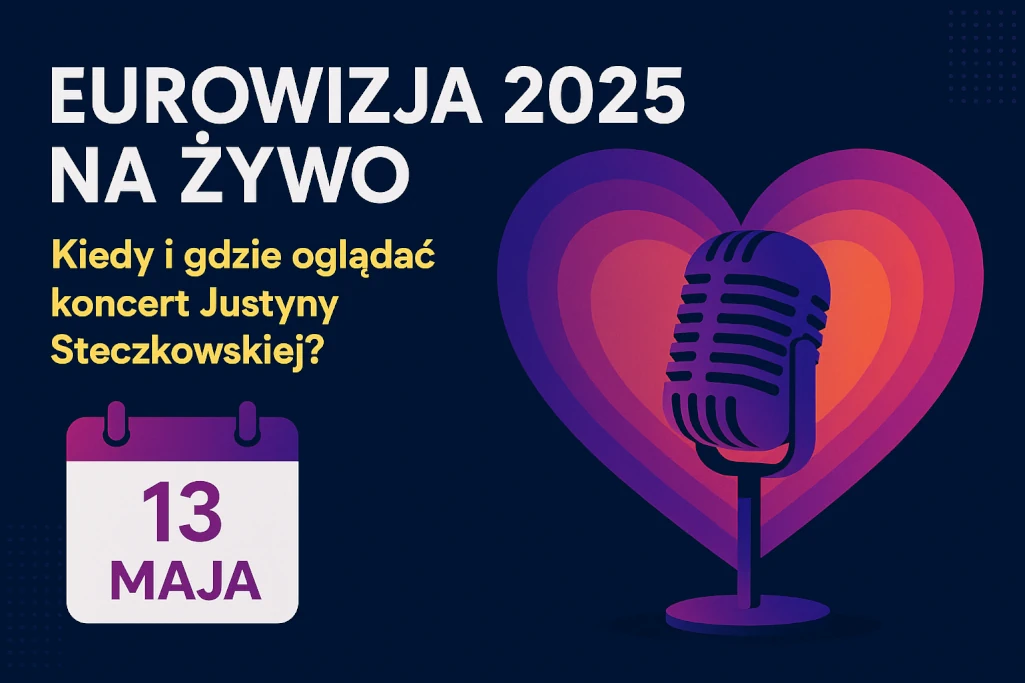 Infografika promująca Eurowizję 2025 na żywo – data 13 maja, występ Justyny Steczkowskiej, kolorowy mikrofon na tle serca i nowoczesny kalendarz z datą transmisji.