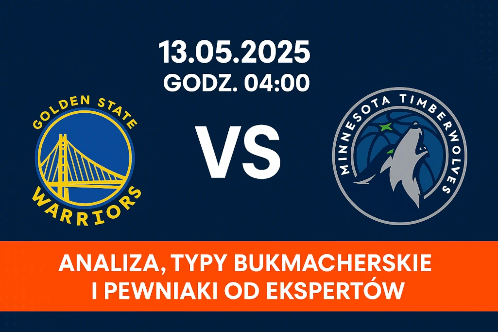 Infografika meczowa zapowiadająca spotkanie NBA Golden State Warriors – Minnesota Timberwolves, które odbędzie się 13.05.2025 o godz. 04:00. Grafika w nowoczesnym stylu, pozioma, zawiera logotypy drużyn, datę i godzinę meczu oraz hasło „Analiza, typy bukmacherskie i pewniaki od ekspertów”. Idealna do artykułów z typami dnia na NBA i prognozami od profesjonalnych typerów.