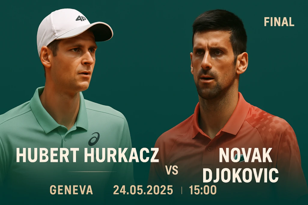 Infografika promująca finał turnieju ATP 250 w Genewie 2025: Hubert Hurkacz vs Novak Djoković. Nowoczesny projekt graficzny przedstawia obu tenisistów na tle zielono-turkusowego gradientu z datą meczu – 24 maja 2025 roku – oraz godziną rozpoczęcia – 15:00. Po lewej stronie widoczny Hurkacz w zielonej koszulce, po prawej Djoković w czerwonym stroju. Infografika zapowiada emocjonujące starcie finałowe i przyciąga uwagę dynamicznym, sportowym stylem.