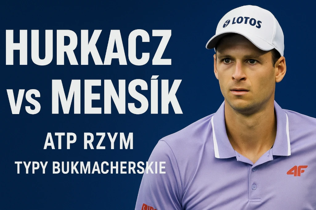 Hubert Hurkacz w fioletowej koszulce i białej czapce LOTOS na tle napisu „Hurkacz vs Menšík, ATP Rzym, typy bukmacherskie” – grafika promująca mecz tenisowy i analizę bukmacherską.