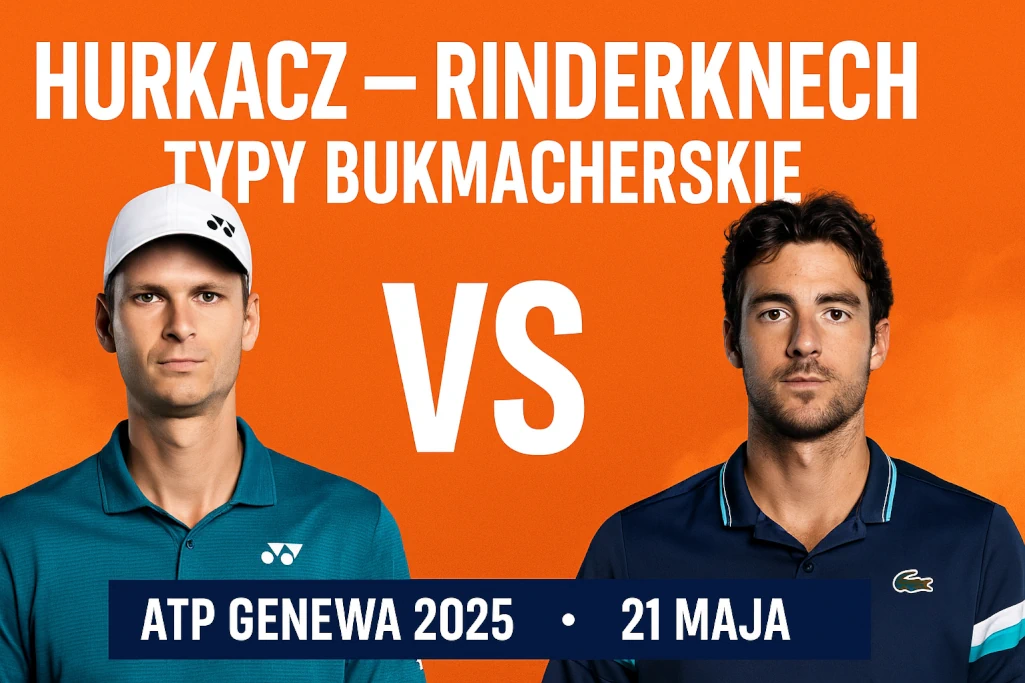 Nowoczesna infografika promująca mecz tenisowy Hurkacz – Rinderknech podczas ATP Genewa 2025, z datą i godziną spotkania oraz wizerunkami obu zawodników – idealna zapowiedź dla fanów zakładów i typów bukmacherskich.
