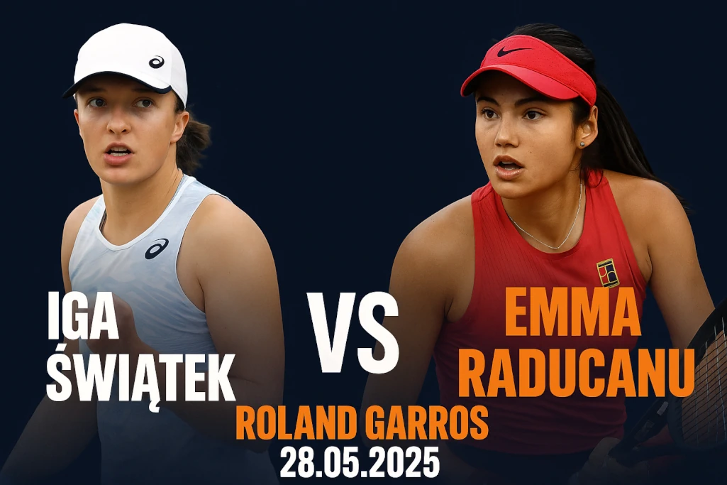 Infografika promująca mecz Iga Świątek vs Emma Raducanu w Roland Garros 2025 – pojedynek drugiej rundy turnieju wielkoszlemowego na kortach ziemnych w Paryżu, z datą 28.05.2025 i dynamicznym ujęciem obu tenisistek w akcji.