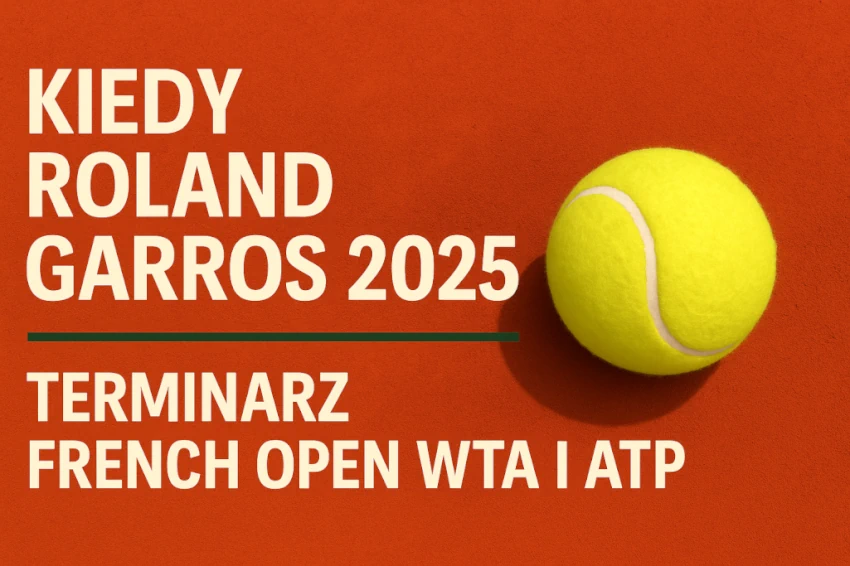 Infografika promująca Roland Garros 2025 na tle ceglanej mączki z dużym napisem "Kiedy Roland Garros 2025?", szczegółami o terminarzu turnieju French Open WTA i ATP oraz żółtą piłką tenisową – grafika w stylu nowoczesnym, przyciągająca uwagę kibiców i czytelników szukających informacji o harmonogramie turnieju.