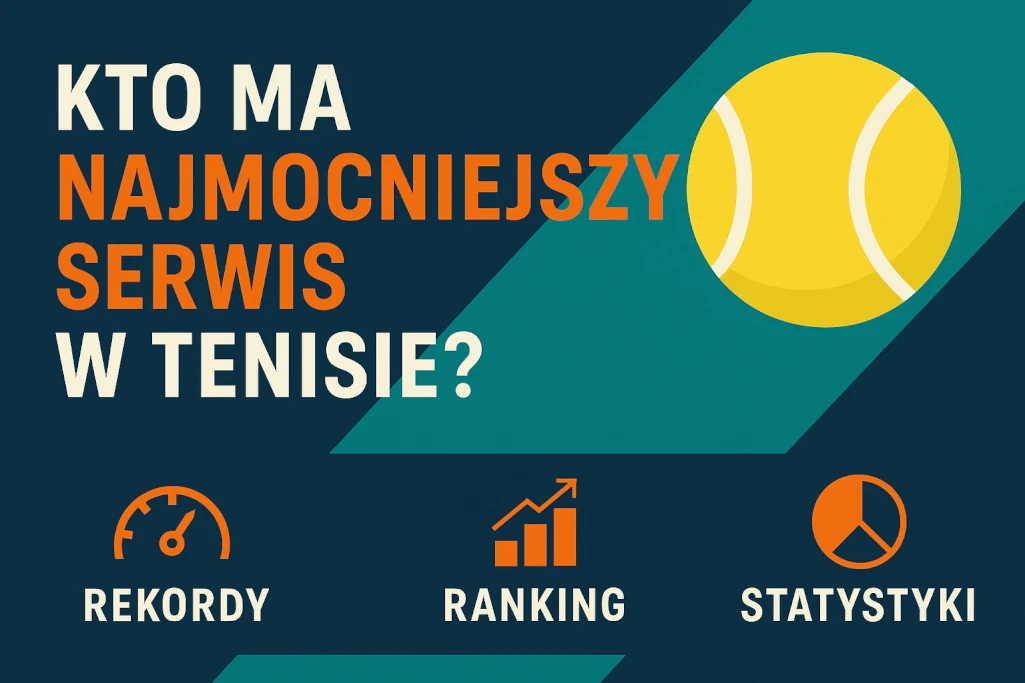 Infografika przedstawiająca pytanie „Kto ma najmocniejszy serwis w tenisie?”, z nowoczesnym układem graficznym, ikonami statystyk, rekordów i rankingu, idealna do artykułu o sile serwisu w tenisie zawodowym.