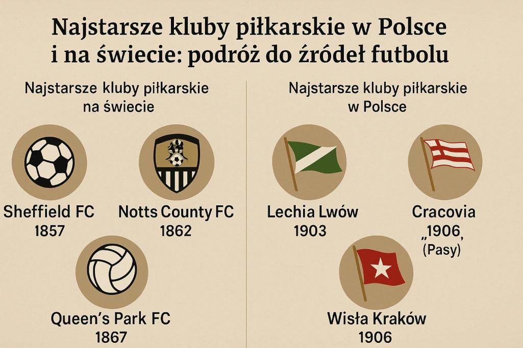 Infografika przedstawiająca najstarsze kluby piłkarskie w Polsce i na świecie, w tym Sheffield FC, Notts County, Queen’s Park, Lechię Lwów, Cracovię i Wisłę Kraków, z datami założenia i herbami klubów – historyczna podróż do początków futbolu.