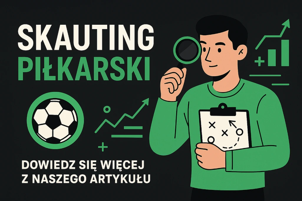 Nowoczesna infografika przedstawiająca skauta piłkarskiego z lupą i taktyczną planszą, promująca artykuł o skautingu piłkarskim, analizie zawodników i odkrywaniu talentów.