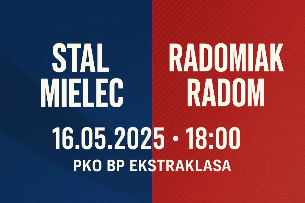 Nowoczesna grafika promująca mecz Stal Mielec – Radomiak Radom w PKO BP Ekstraklasie, rozegrany 16 maja 2025 o godzinie 18:00, w poziomym układzie z kontrastowymi kolorami i wyraźnymi nazwami klubów.