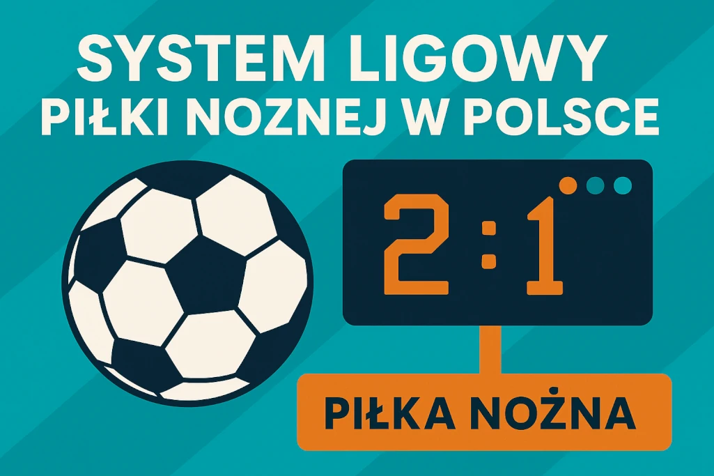 Infografika przedstawiająca system ligowy piłki nożnej w Polsce z piłką, tablicą wyników i tytułem graficznym. Jasne tło, nowoczesny styl, sportowa tematyka.