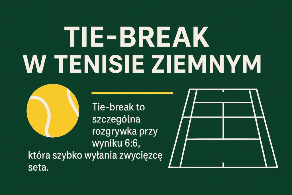 Infografika przedstawiająca zasady tie-breaka w tenisie ziemnym – wyjaśnia, czym jest tie-break, kiedy się go rozgrywa (przy wyniku 6:6) i jak szybko wyłania zwycięzcę seta. Zawiera ilustrację kortu tenisowego oraz grafikę piłki na tle zielonego boiska.