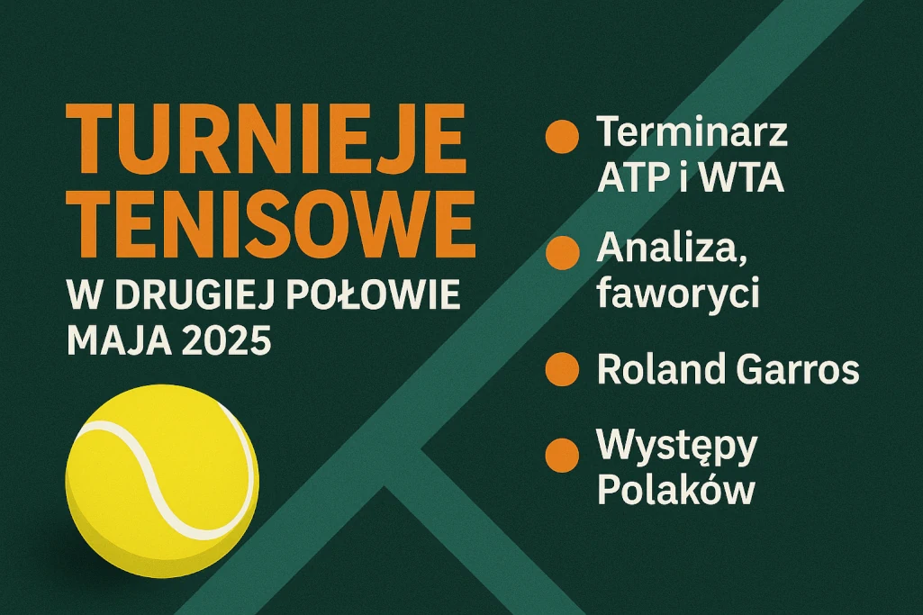 Infografika przedstawiająca kalendarz turniejów tenisowych w maju 2025 – zestawienie najważniejszych wydarzeń ATP, WTA i Roland Garros w atrakcyjnej, graficznej formie z datami, lokalizacjami i nawierzchnią kortów.