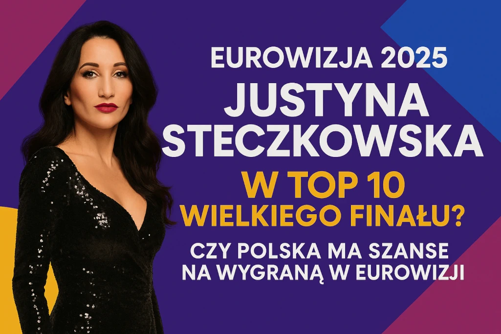 Infografika promująca artykuł o typach bukmacherskich na Eurowizję 2025 z Justyną Steczkowską, pokazująca lokalizację finału w Bazylei, nazwę piosenki „GAJA” i potencjalne szanse Polski na miejsce w TOP 10.