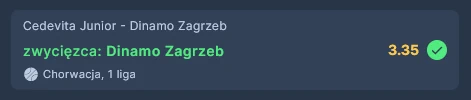 Grafika przedstawia wygrany kupon bukmacherski z zakładem Cedevita Junior - Dinamo Zagrzeb z kursem 3.35.