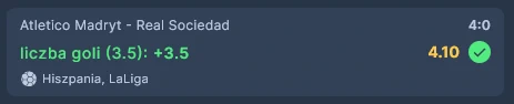Zrzut ekranu przedstawiający wygrany zakład bukmacherski. Na kuponie bukmacherskich jest zwycięski zakład z meczu Atletico Madryt - Real Sociedad. Kurs kuponu wynosi 4.10.