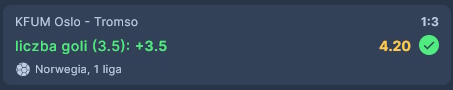 Grafika przedstawiająca wygrany kupon z wysokim kursem bukmacherskim. Na kuponie bukmacherskim jest mnecz KFUM Oslo - Tromso z ligi norweskiej. Wygrany zakład ma kurs 4.20 i został obstawiony u bukmachera STS.