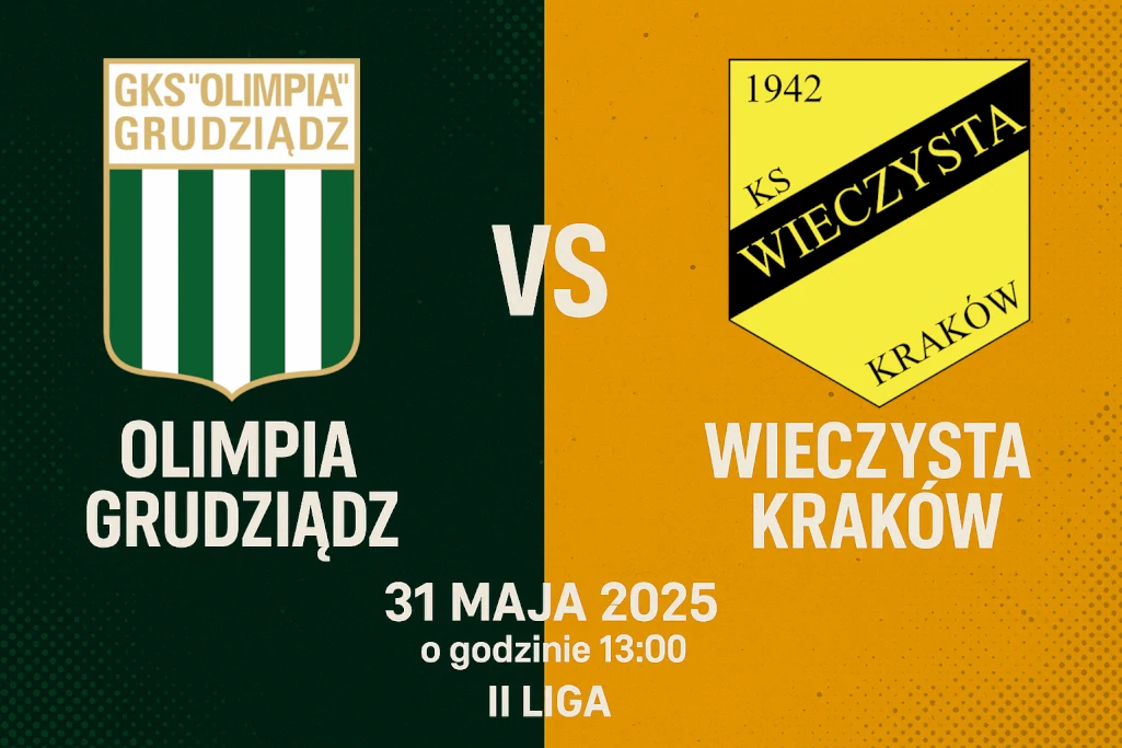 Infografika przedstawiająca zapowiedź meczu II ligi pomiędzy Olimpią Grudziądz a Wieczystą Kraków, który odbędzie się 31 maja 2025 roku o godzinie 13:00.