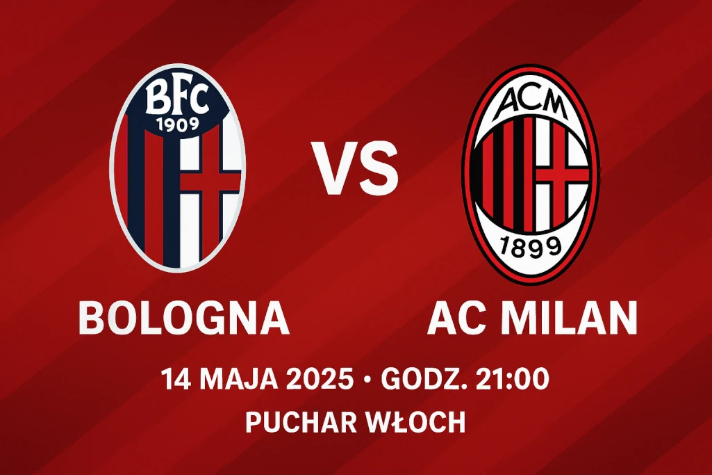Infografika przedstawiająca finał Pucharu Włoch 2025: Bologna kontra AC Milan. Zawiera herby obu drużyn, datę meczu – 14 maja 2025, godzinę 21:00 oraz nazwę rozgrywek. Nowoczesny, przykuwający wzrok projekt w kolorystyce czerwieni, idealny do promocji wydarzenia i analizy typów bukmacherskich.