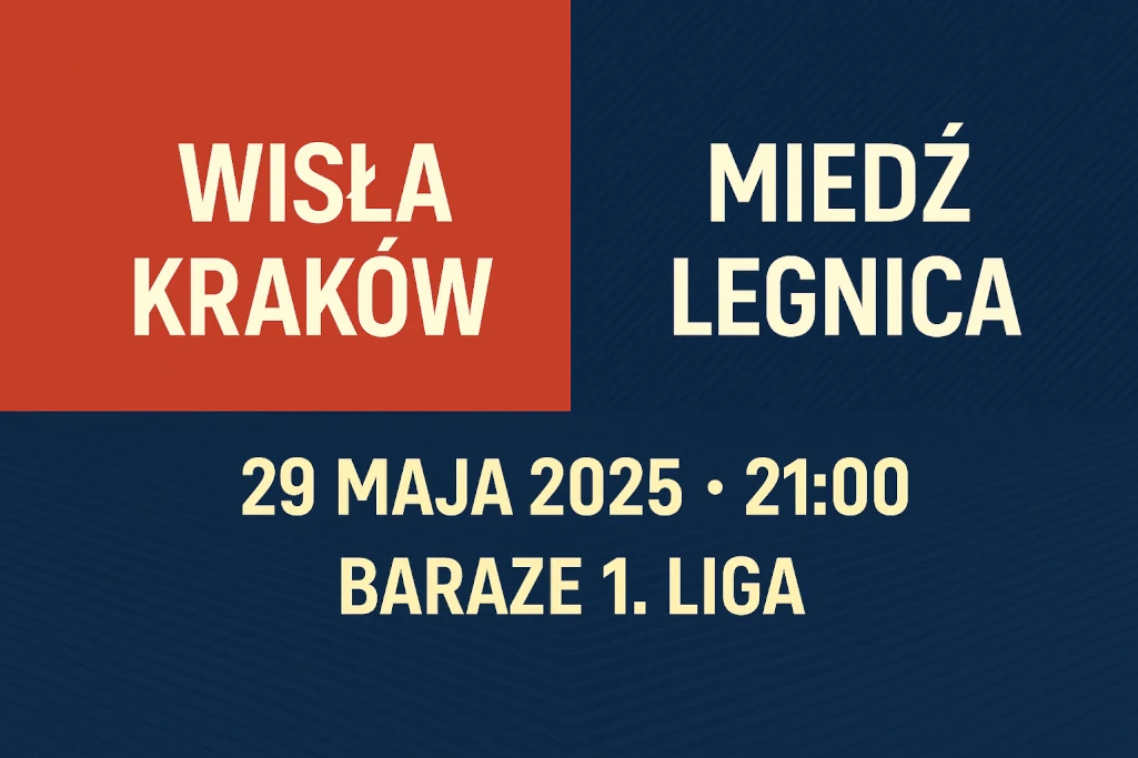 Infografika przedstawia zapowiedź meczu barażowego Wisła Kraków – Miedź Legnica, który odbędzie się 29 maja 2025 roku o godzinie 21:00 w ramach baraży o awans do Ekstraklasy. Zawiera nowoczesny, przyciągający uwagę projekt graficzny z nazwami drużyn, datą, godziną i nazwą rozgrywek.