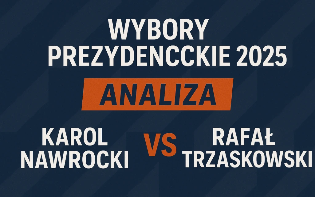 Infografika przedstawiająca analizę drugiej tury wyborów prezydenckich 2025 w Polsce – Karol Nawrocki vs Rafał Trzaskowski. Zawiera hasła: „Wybory prezydenckie 2025”, „Analiza”, „Typy”, „Kursy”, w nowoczesnym stylu graficznym, idealna do artykułu o typach bukmacherskich i kampanii wyborczej.