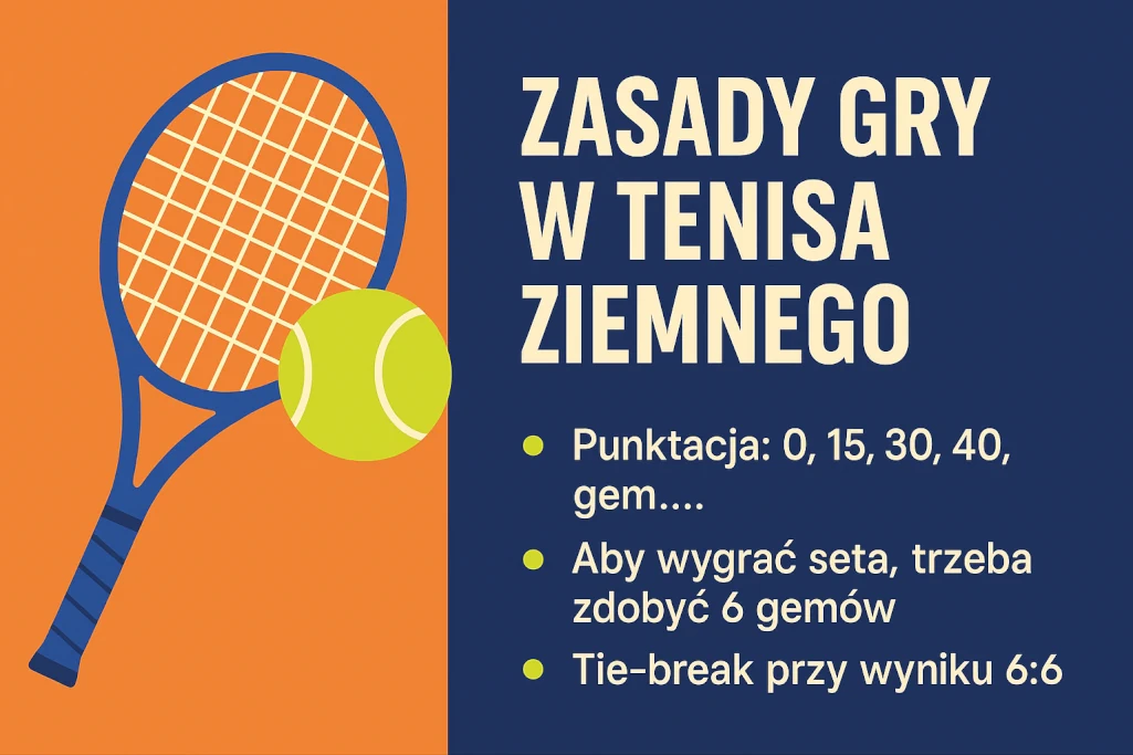 Infografika przedstawiająca zasady gry w tenisa ziemnego – punktacja (0, 15, 30, 40), warunki wygrania seta oraz tie-break przy wyniku 6:6; grafika w nowoczesnym stylu z rakietą i piłką tenisową.