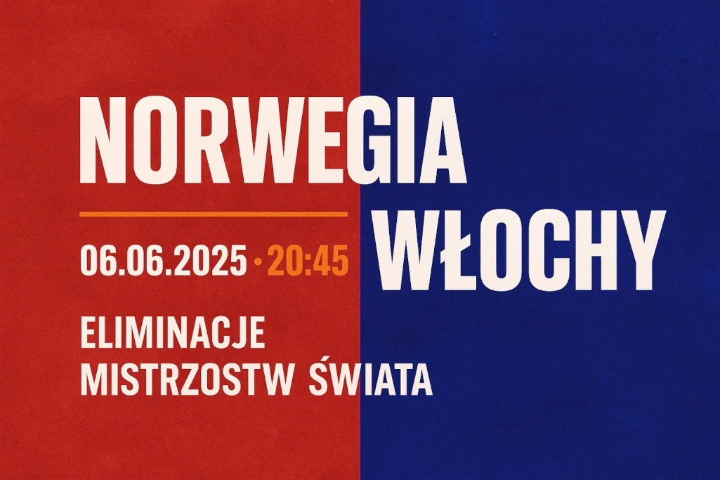 Infografika przedstawiająca zapowiedź meczu Norwegia – Włochy w ramach eliminacji Mistrzostw Świata 2026. Zawiera datę i godzinę spotkania (06.06.2025, godz. 20:45) oraz nazwy drużyn narodowych na tle czerwono-niebieskim.