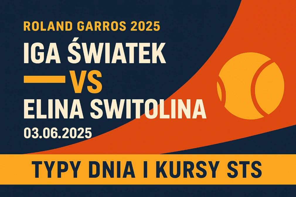 Infografika promująca mecz Iga Świątek – Elina Switolina na Roland Garros 2025, z datą 03.06.2025 i hasłem „Typy dnia i kursy STS”, utrzymana w nowoczesnym stylu, przyciągająca wzrok kolorystyką i dynamicznym układem graficznym.