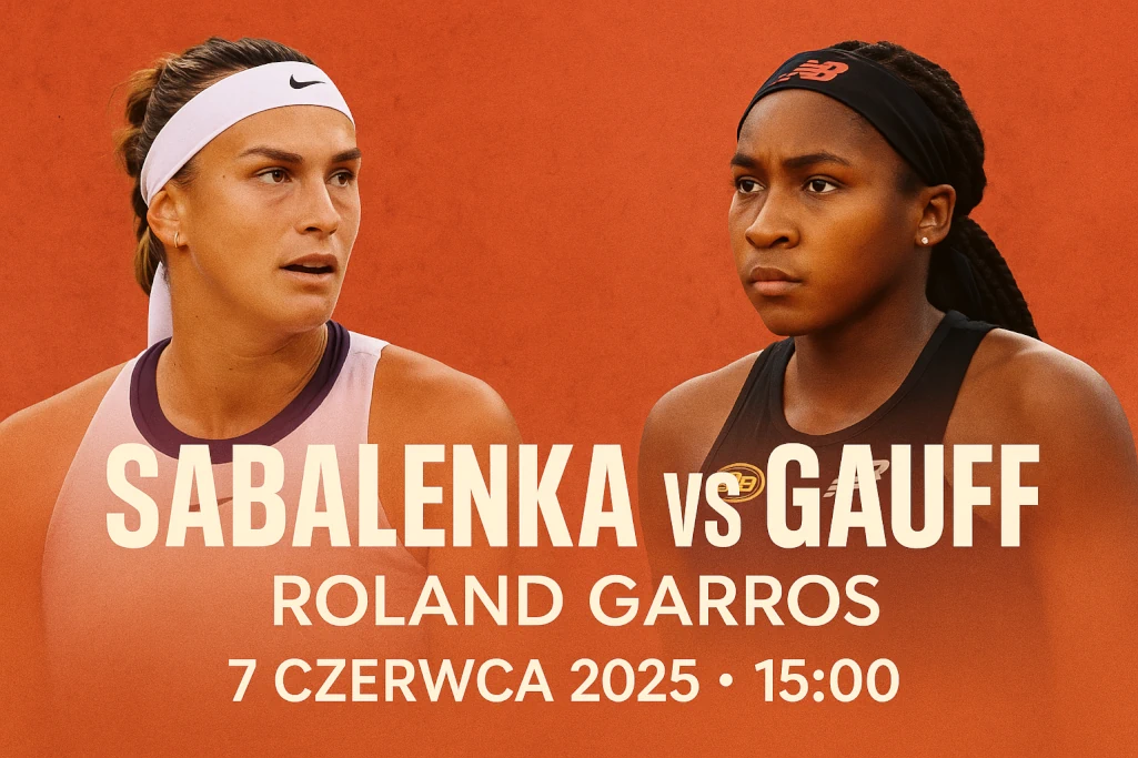 Infografika promująca finał Roland Garros 2025 – Aryna Sabalenka vs Coco Gauff, 7 czerwca o godzinie 15:00, z dynamicznym portretem obu zawodniczek i nowoczesnym, przyciągającym wzrok tłem w kolorze ceglastym.