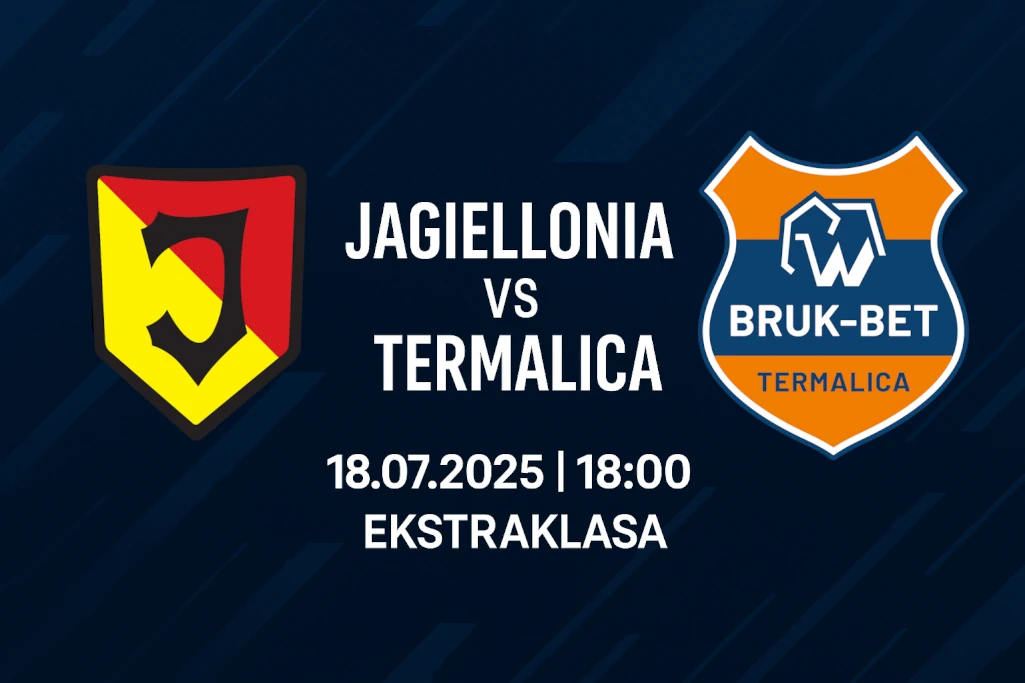nfografika promująca mecz Jagiellonia Białystok – Termalica Nieciecza, który odbędzie się 18 lipca 2025 o godzinie 18:00 w ramach rozgrywek Ekstraklasy – nowoczesna grafika z herbami drużyn i datą spotkania.