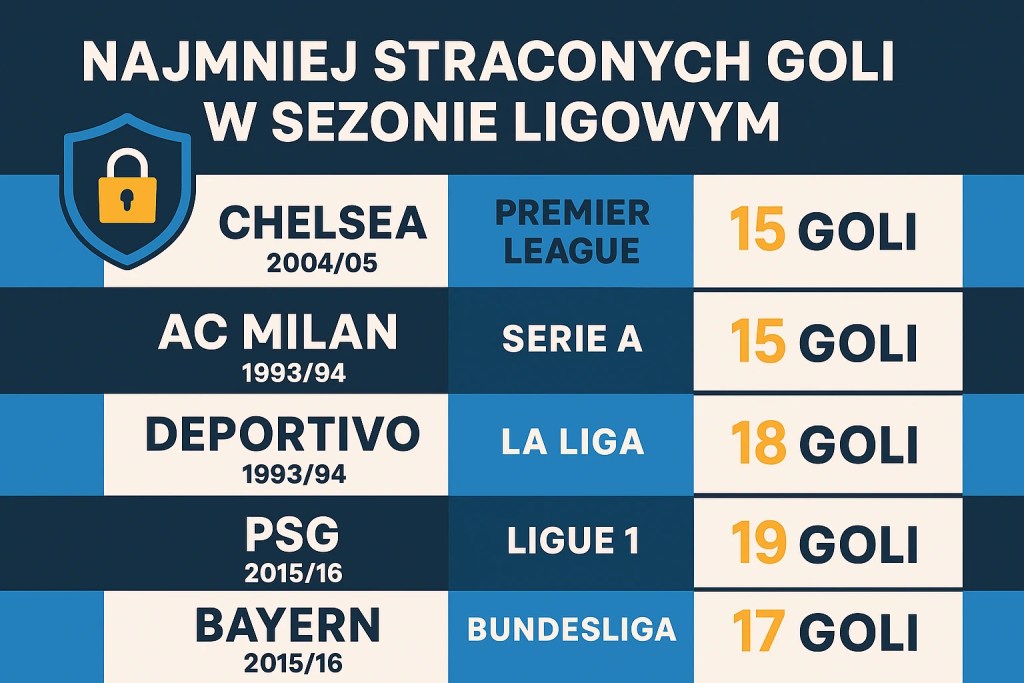 Infografika przedstawia zestawienie drużyn piłkarskich, które straciły najmniej goli w jednym sezonie ligowym. Zawiera dane pięciu zespołów: Chelsea (2004/05, Premier League – 15 goli), AC Milan (1993/94, Serie A – 15 goli), Deportivo La Coruña (1993/94, La Liga – 18 goli), PSG (2015/16, Ligue 1 – 19 goli) i Bayern Monachium (2015/16, Bundesliga – 17 goli)