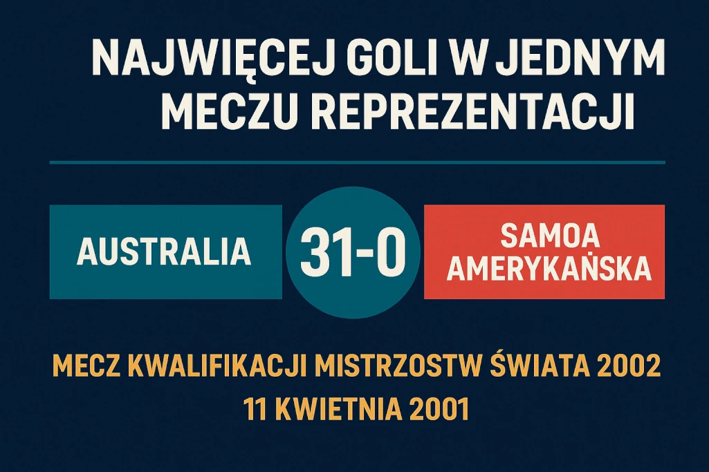 nfografika przedstawiająca rekordowy mecz piłkarski Australia – Samoa Amerykańskie zakończony wynikiem 31:0, z datą spotkania, nazwami drużyn i kontekstem eliminacji Mistrzostw Świata 2002