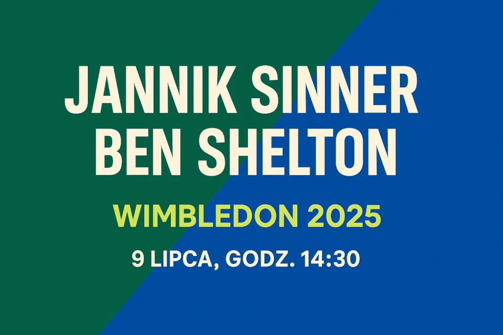 Infografika zapowiadająca mecz Jannik Sinner – Ben Shelton w ćwierćfinale Wimbledonu 2025. Zawiera datę i godzinę spotkania: 9 lipca, godz. 14:30.