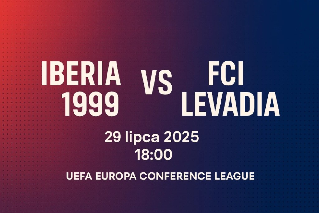 Infografika promująca mecz Iberia 1999 vs FCI Levadia w ramach kwalifikacji Ligi Konferencji Europy UEFA 2025, zawierająca datę (29 lipca 2025), godzinę rozpoczęcia (18:00) oraz nazwę rozgrywek