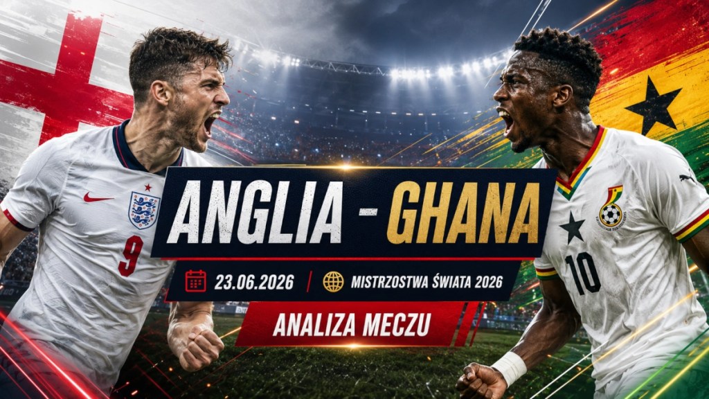Grafika zapowiadająca mecz Anglia - Ghana na Mistrzostwach Świata 2026, z piłkarzami obu reprezentacji i hasłem analiza meczu.