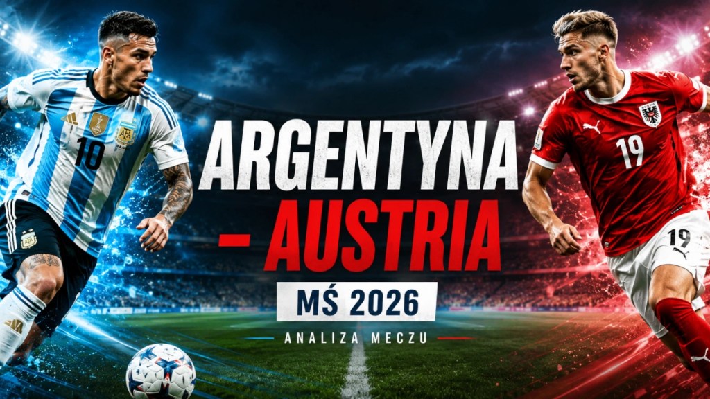 Grafika zapowiadająca mecz Argentyna - Austria na MŚ 2026, z piłkarzami w barwach obu reprezentacji, stadionem w tle i napisem "Analiza meczu".