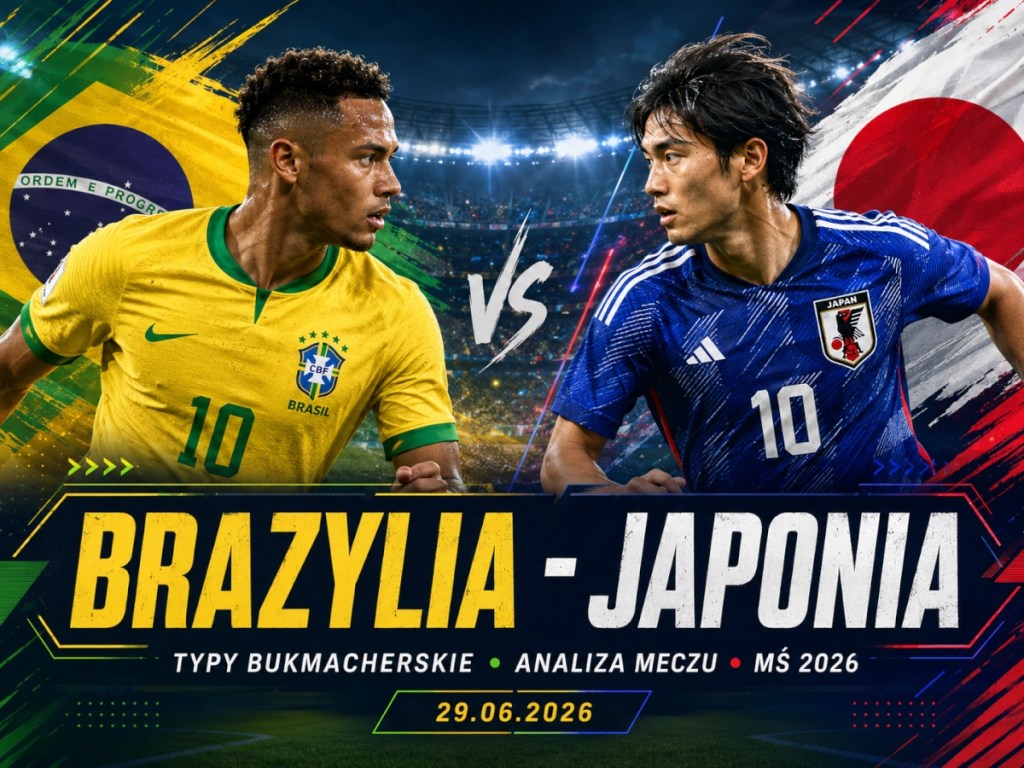 Nowoczesna grafika zapowiadająca mecz Brazylia - Japonia na MŚ 2026. Analiza, typy bukmacherskie i kursy na spotkanie 29.06.2026.