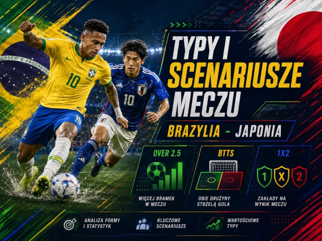 Brazylia - Japonia typy i kursy na MŚ 2026. Zobacz analizę meczu, najlepszy typ, value bet, over 2.5 gola i BTTS.