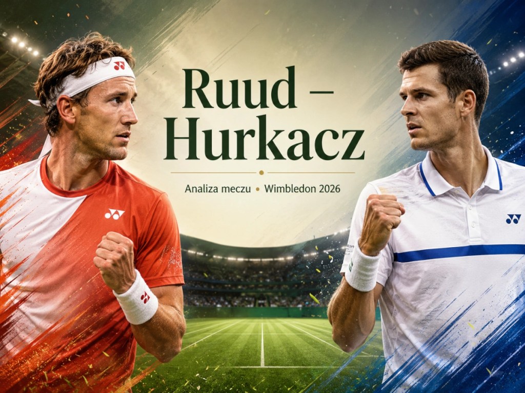 Casper Ruud i Hubert Hurkacz na tle kortu trawiastego Wimbledonu 2026, grafika do analizy meczu i typów bukmacherskich.