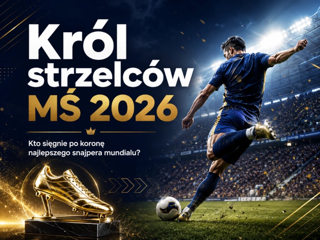 Grafika przedstawiająca piłkarza oddającego strzał na stadionie oraz złoty but symbolizujący walkę o tytuł króla strzelców MŚ 2026.