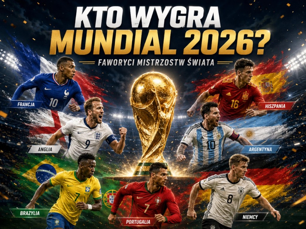 Nowoczesna grafika do artykułu „Kto wygra mundial 2026?” z pucharem mistrzostw świata, stadionem i piłkarzami symbolizującymi faworytów turnieju: Francję, Anglię, Hiszpanię, Argentynę, Brazylię, Portugalię i Niemcy.