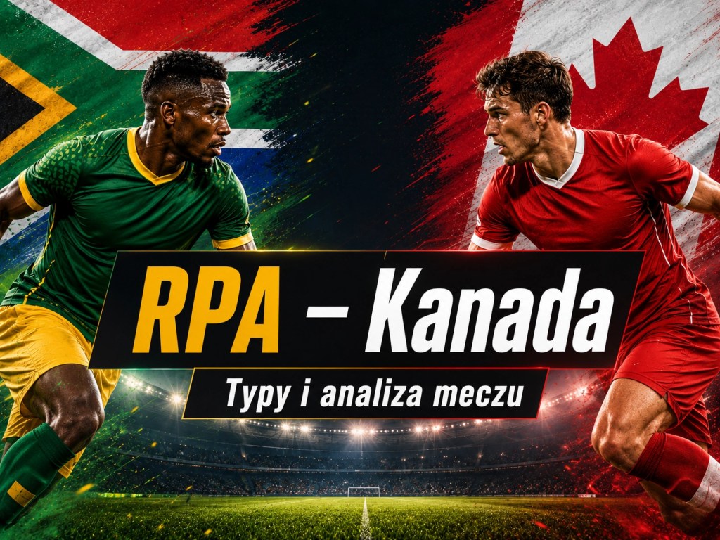 RPA - Kanada typy bukmacherskie i analiza meczu MŚ 2026, dynamiczna grafika z piłkarzami obu reprezentacji na tle stadionu i barw narodowych.