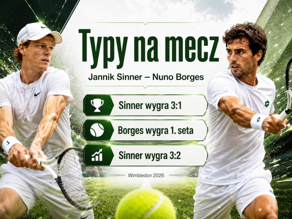 Typy bukmacherskie na mecz Jannik Sinner - Nuno Borges Wimbledon 2026, w tym dokładny wynik 3:1 i typ na pierwszego seta.