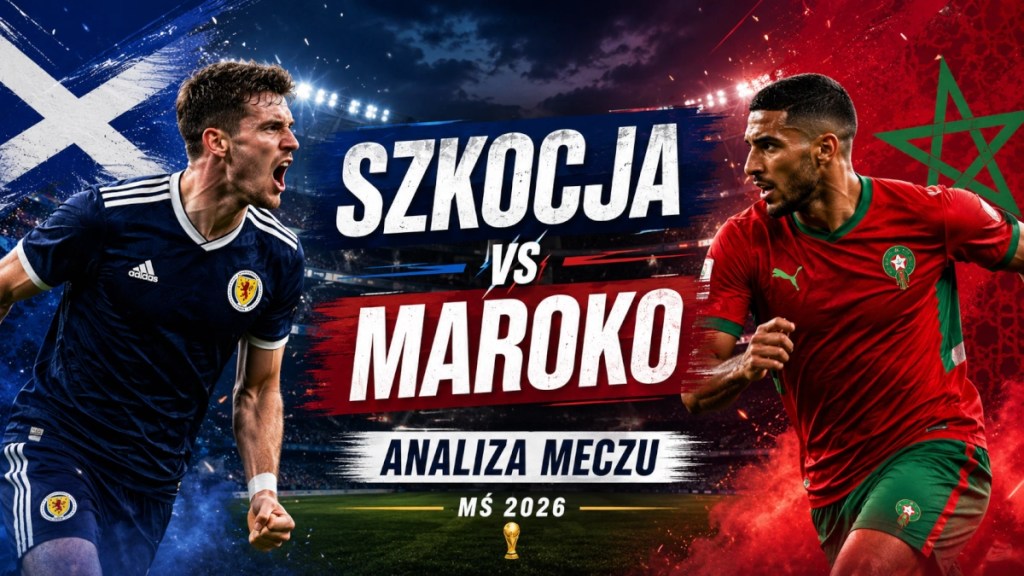 Grafika zapowiadająca mecz Szkocja — Maroko na MŚ 2026, z piłkarzami obu reprezentacji, stadionem w tle i napisem „Analiza meczu”.