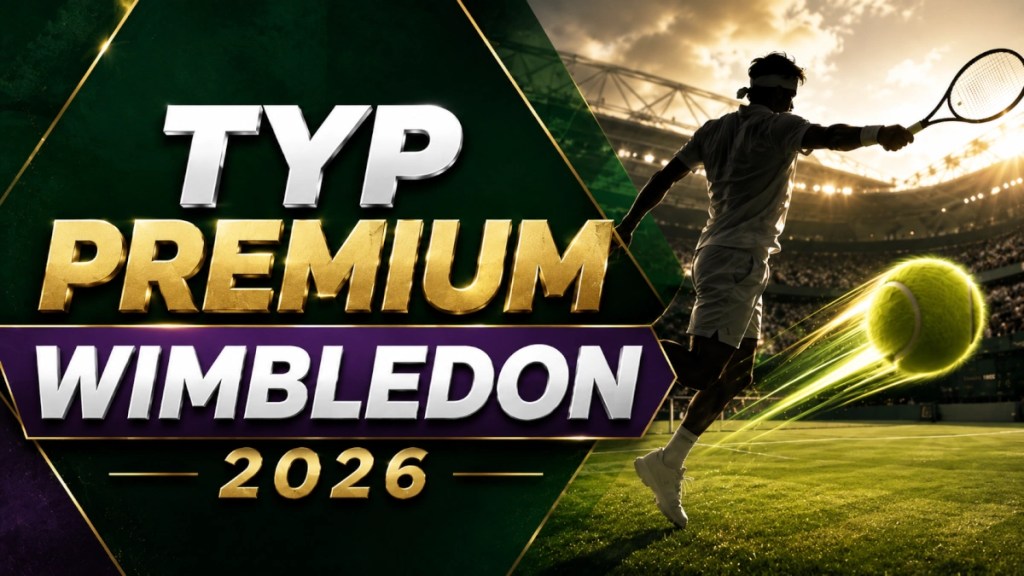 Grafika Typ Premium Wimbledon 2026 z tenisistą na trawiastym korcie, piłką w ruchu i nowoczesnym napisem premium.
