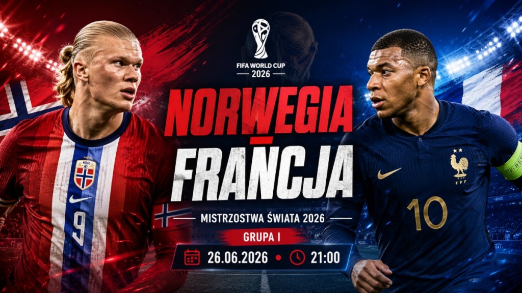 Grafika zapowiadająca mecz Norwegia — Francja na MŚ 2026, z piłkarzami obu reprezentacji, datą 26.06.2026 i godziną 21:00.