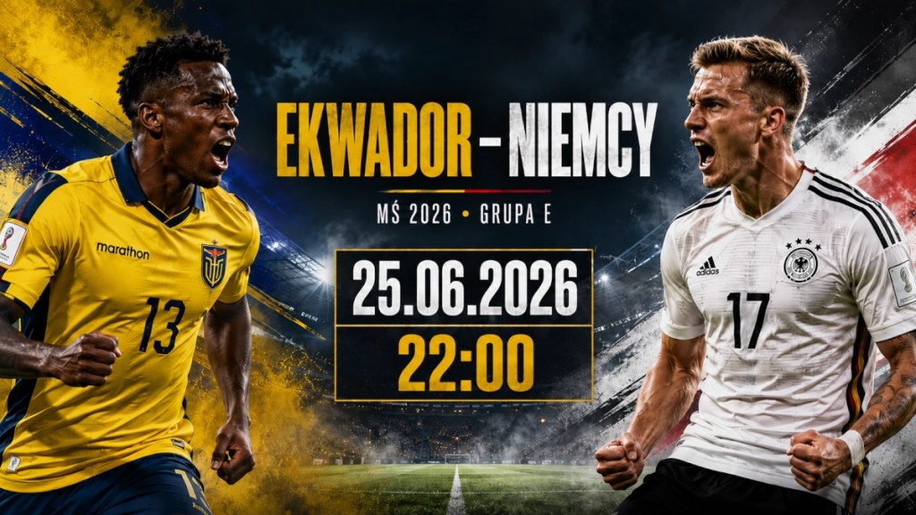 Grafika zapowiadająca mecz Ekwador — Niemcy na MŚ 2026, z datą 25.06.2026 i godziną 22:00, piłkarzami obu reprezentacji oraz stadionem w tle.