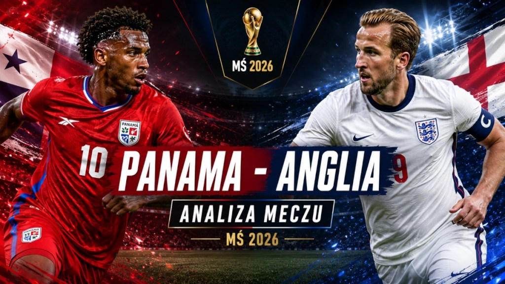 Grafika promująca analizę meczu Panama — Anglia na MŚ 2026, z piłkarzami obu reprezentacji na tle stadionu i flag narodowych.