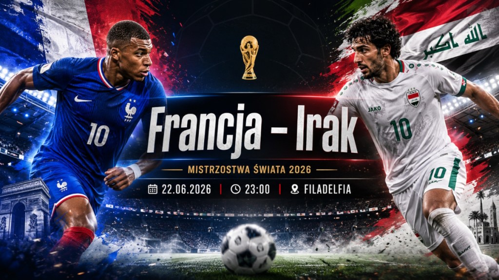 Nowoczesna grafika zapowiadająca mecz Francja - Irak na Mistrzostwach Świata 2026, z piłkarzami obu reprezentacji, stadionem w tle oraz datą spotkania.