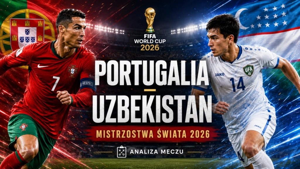 Grafika zapowiadająca mecz Portugalia - Uzbekistan na Mistrzostwach Świata 2026, z piłkarzami obu reprezentacji i napisem Analiza meczu.